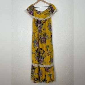 Umgee Yellow Floral Off-Shoulder Boho Maxi Dress Size Small